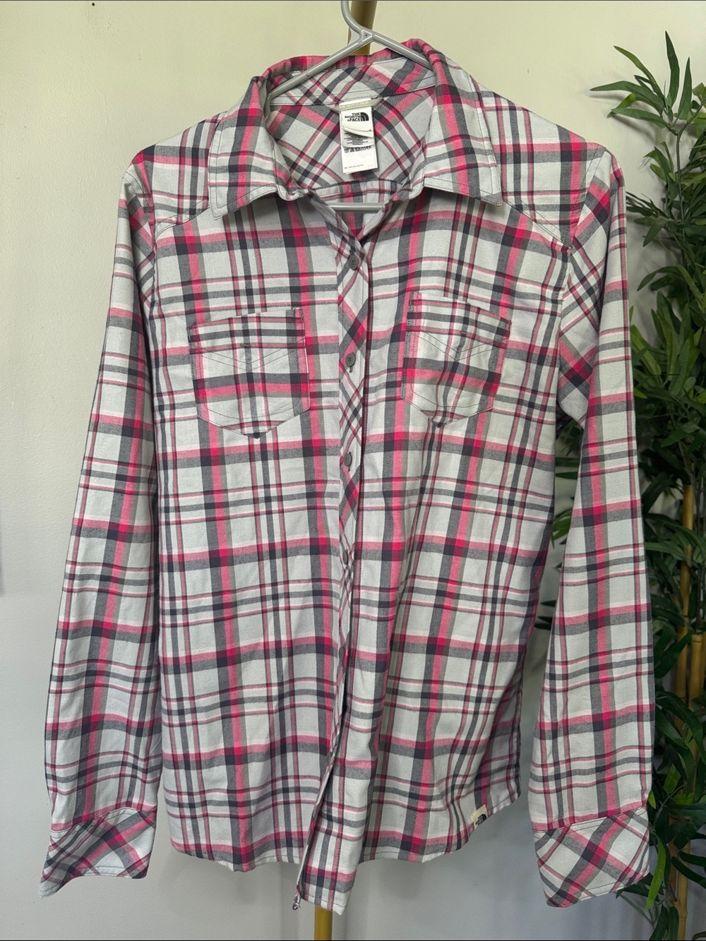 The North Face Men’s Pink and Gray Plaid Button-Down Shirt